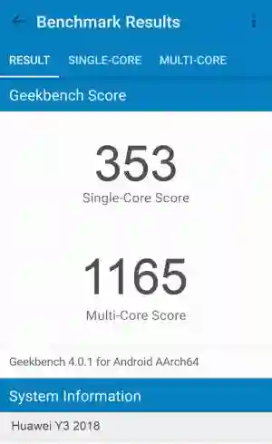 Huawei Y3 2018 GeekBench 4 ����������