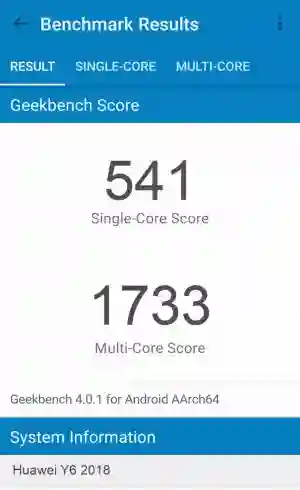 Huawei Y6 2018 GeekBench 4 ����������