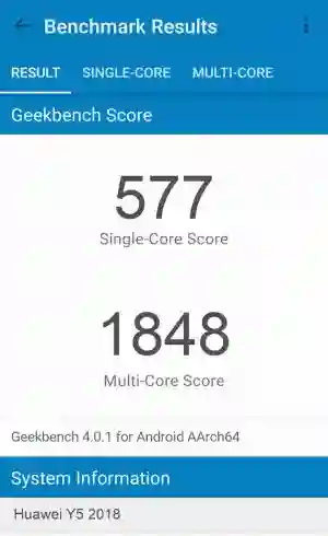 Huawei Y5 2018 GeekBench 4 ����������